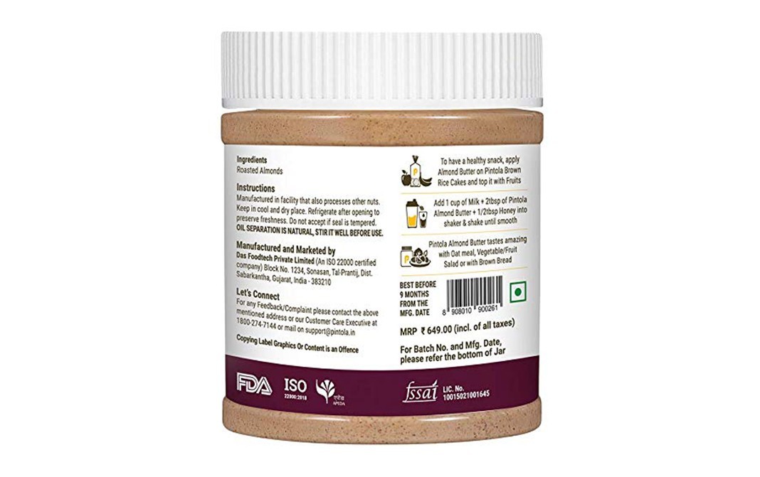 Pintola Almond Butter  Crunchy All Natural Unsweetened   Plastic Jar  350 grams